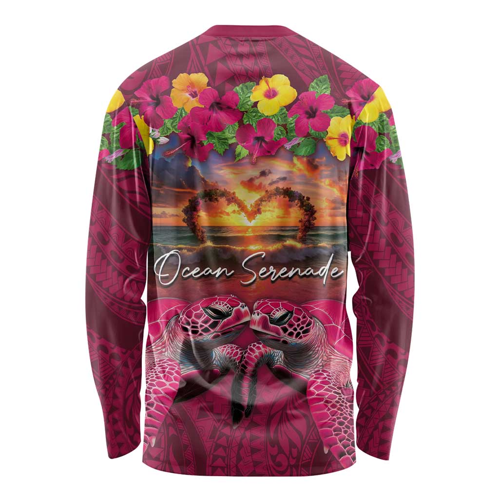 Hawaiian Turtle Love Couple Long Sleeve Shirt Ocean Serenade - Honu Honi Ihu with Hibiscus and Romantic Sunset Pink Color LT03 - Polynesian Pride