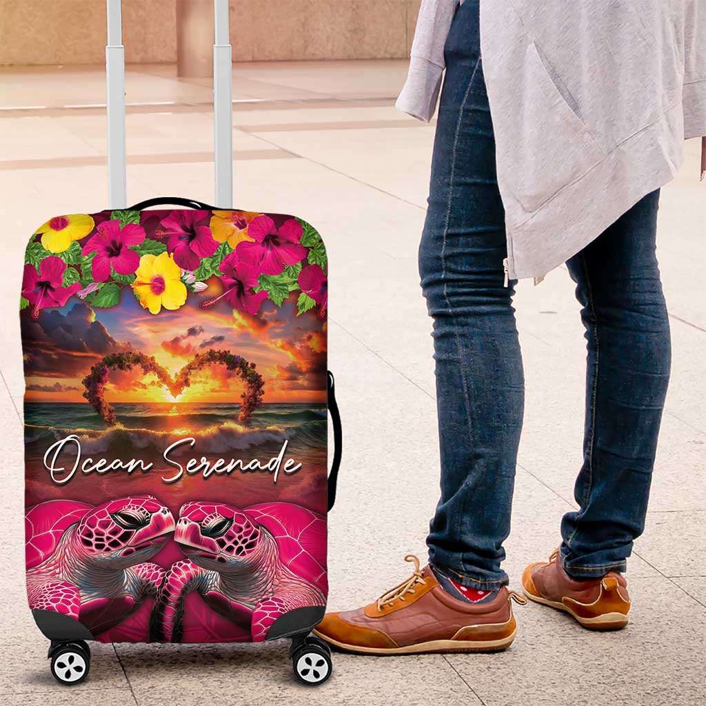 Hawaiian Turtle Love Couple Luggage Cover Ocean Serenade - Honu Honi Ihu with Hibiscus and Romantic Sunset Pink Color LT03 Pink - Polynesian Pride