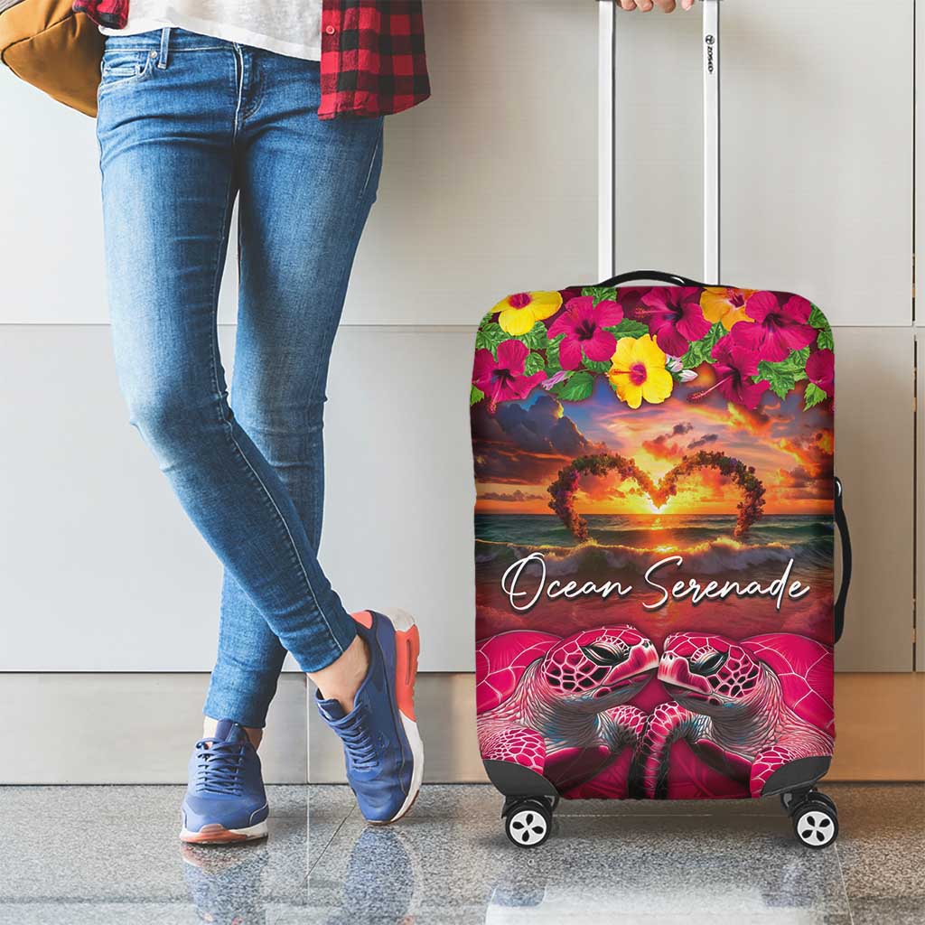 Hawaiian Turtle Love Couple Luggage Cover Ocean Serenade - Honu Honi Ihu with Hibiscus and Romantic Sunset Pink Color LT03 - Polynesian Pride