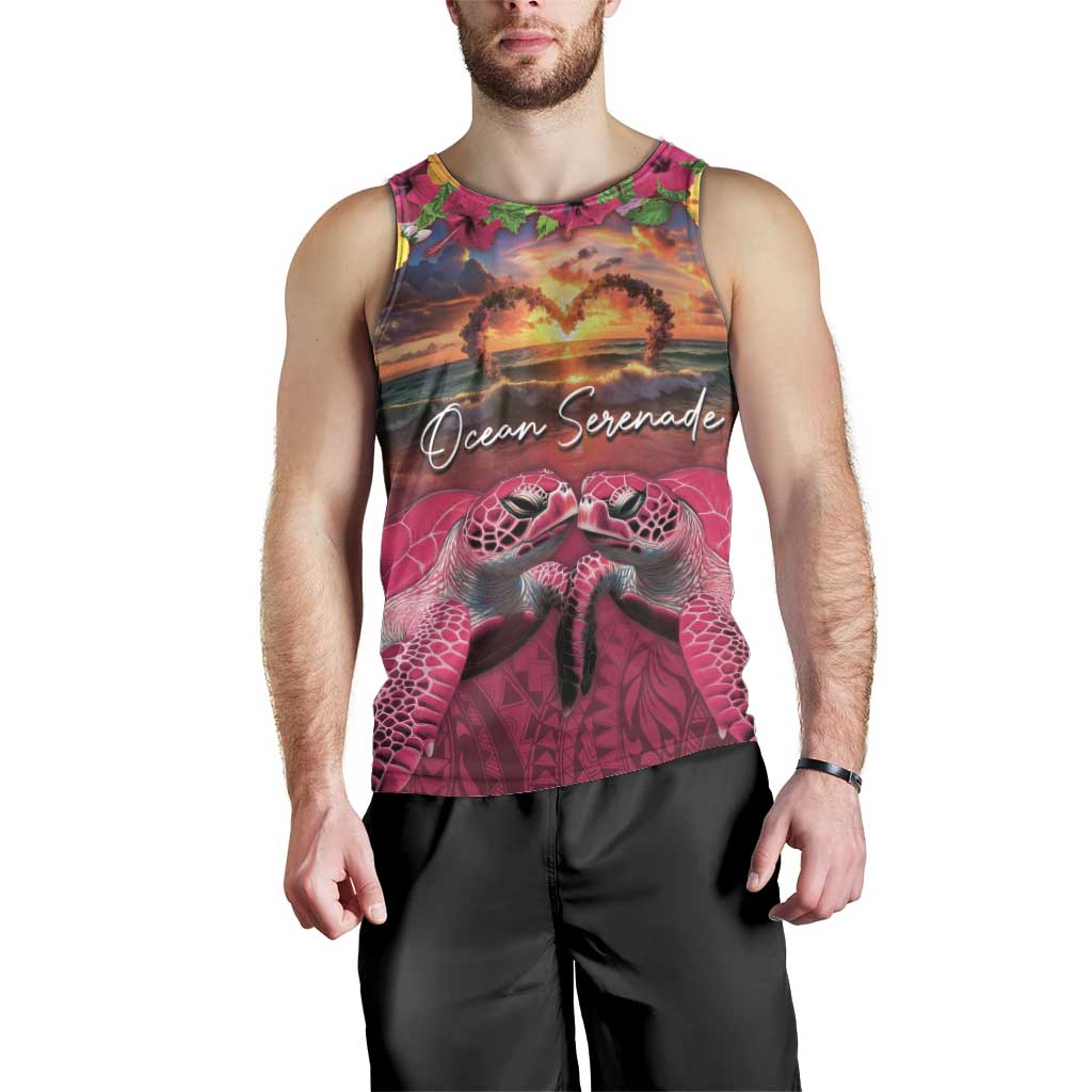 Hawaiian Turtle Love Couple Men Tank Top Ocean Serenade - Honu Honi Ihu with Hibiscus and Romantic Sunset Pink Color