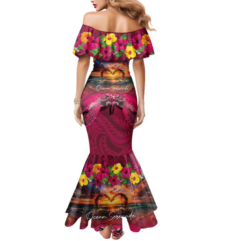 Hawaiian Turtle Love Couple Mermaid Dress Ocean Serenade - Honu Honi Ihu with Hibiscus and Romantic Sunset Pink Color LT03 - Polynesian Pride