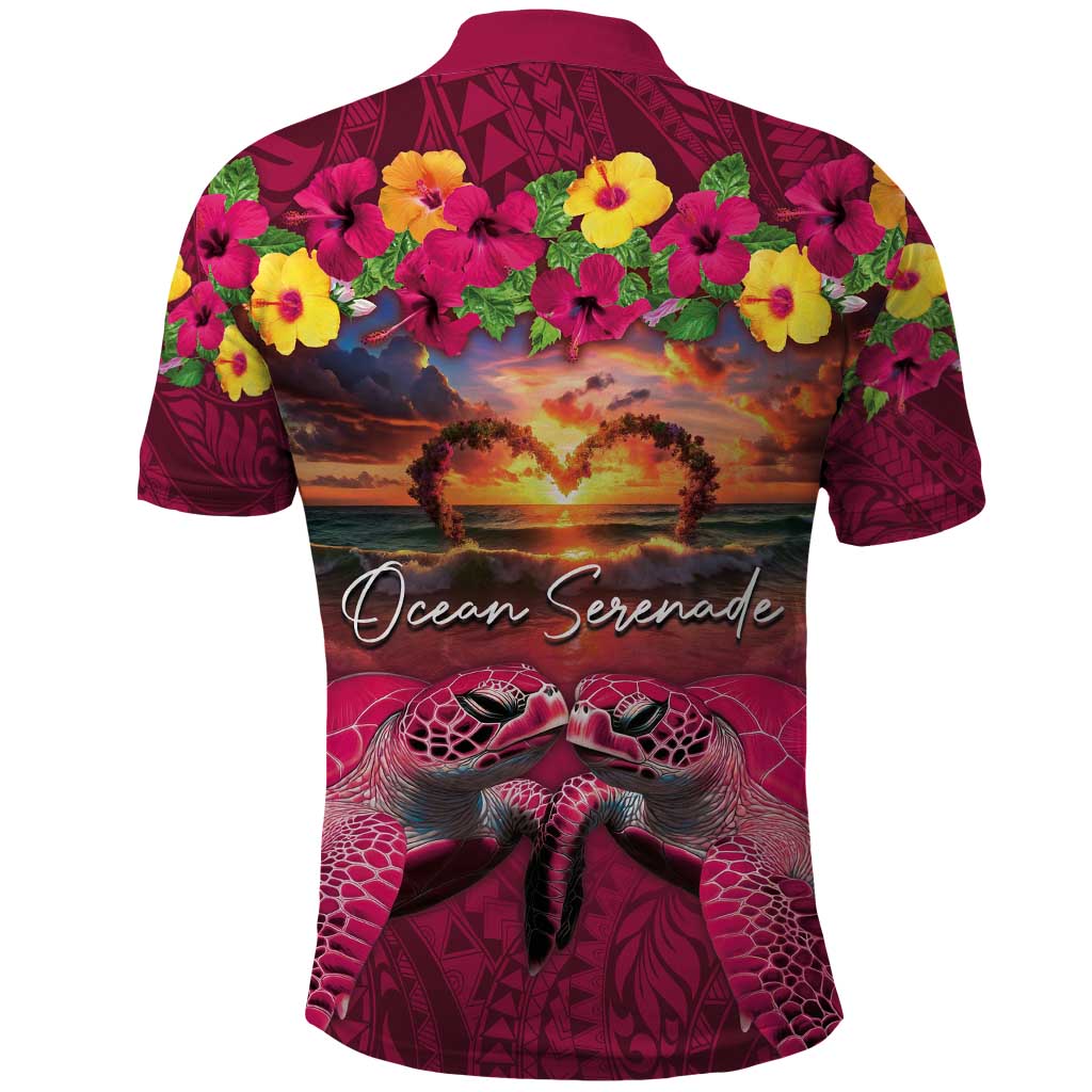 Hawaiian Turtle Love Couple Polo Shirt Ocean Serenade - Honu Honi Ihu with Hibiscus and Romantic Sunset Pink Color LT03 - Polynesian Pride