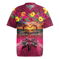 Hawaiian Turtle Love Couple Rugby Jersey Ocean Serenade - Honu Honi Ihu with Hibiscus and Romantic Sunset Pink Color LT03 Pink - Polynesian Pride