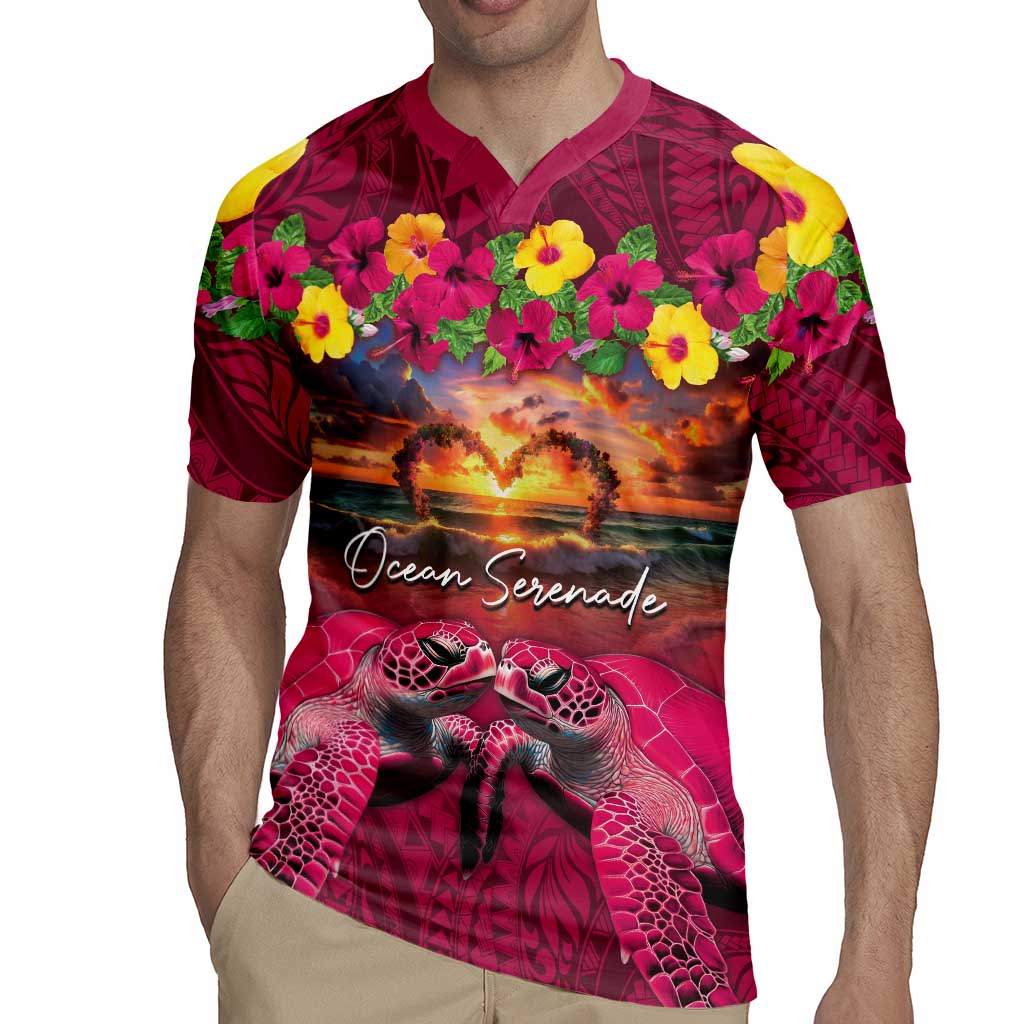 Hawaiian Turtle Love Couple Rugby Jersey Ocean Serenade - Honu Honi Ihu with Hibiscus and Romantic Sunset Pink Color LT03 - Polynesian Pride