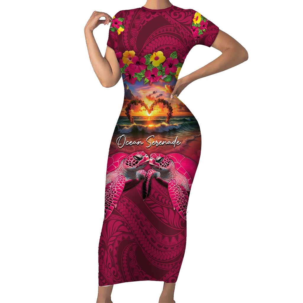 Hawaiian Turtle Love Couple Short Sleeve Bodycon Dress Ocean Serenade - Honu Honi Ihu with Hibiscus and Romantic Sunset Pink Color LT03 Long Dress Pink - Polynesian Pride