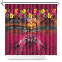 Hawaiian Turtle Love Couple Shower Curtain Ocean Serenade - Honu Honi Ihu with Hibiscus and Romantic Sunset Pink Color LT03 Pink - Polynesian Pride