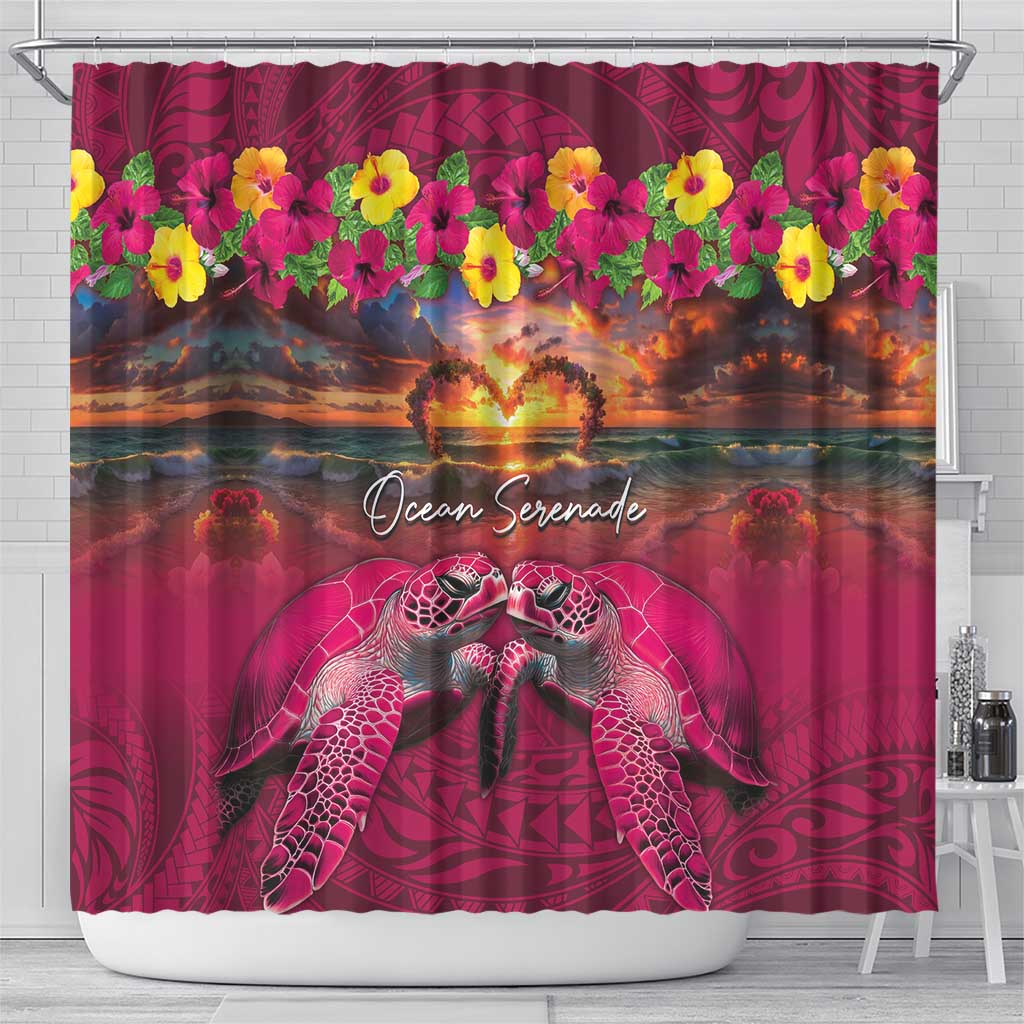 Hawaiian Turtle Love Couple Shower Curtain Ocean Serenade - Honu Honi Ihu with Hibiscus and Romantic Sunset Pink Color LT03 - Polynesian Pride