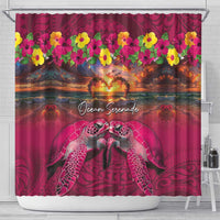 Hawaiian Turtle Love Couple Shower Curtain Ocean Serenade - Honu Honi Ihu with Hibiscus and Romantic Sunset Pink Color LT03 - Polynesian Pride