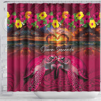 Hawaiian Turtle Love Couple Shower Curtain Ocean Serenade - Honu Honi Ihu with Hibiscus and Romantic Sunset Pink Color LT03 - Polynesian Pride
