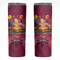 Hawaiian Turtle Love Couple Skinny Tumbler Ocean Serenade - Honu Honi Ihu with Hibiscus and Romantic Sunset Pink Color LT03 Pink - Polynesian Pride
