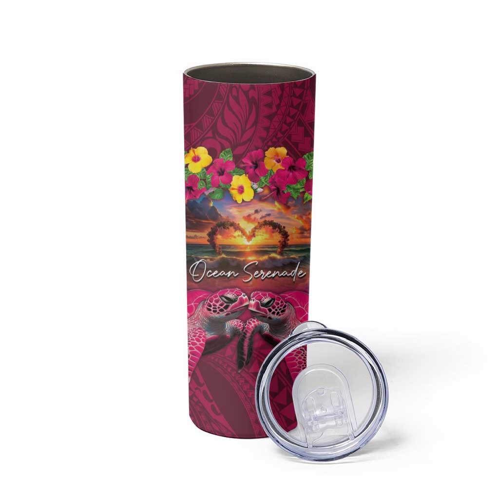 Hawaiian Turtle Love Couple Skinny Tumbler Ocean Serenade - Honu Honi Ihu with Hibiscus and Romantic Sunset Pink Color LT03 - Polynesian Pride