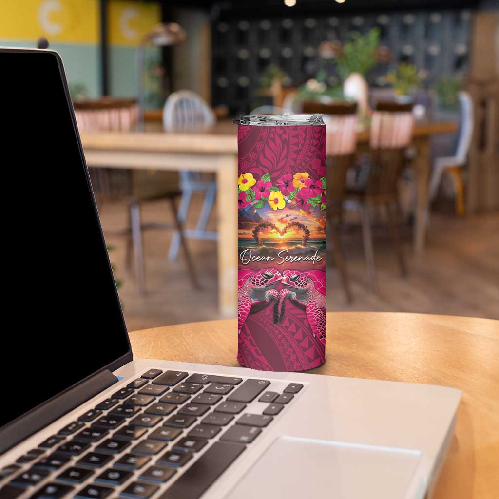 Hawaiian Turtle Love Couple Skinny Tumbler Ocean Serenade - Honu Honi Ihu with Hibiscus and Romantic Sunset Pink Color LT03 - Polynesian Pride