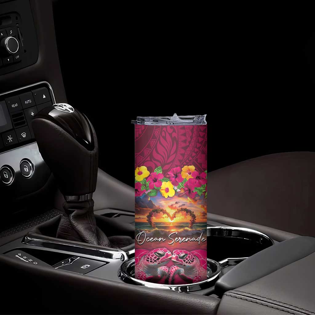 Hawaiian Turtle Love Couple Skinny Tumbler Ocean Serenade - Honu Honi Ihu with Hibiscus and Romantic Sunset Pink Color LT03 - Polynesian Pride