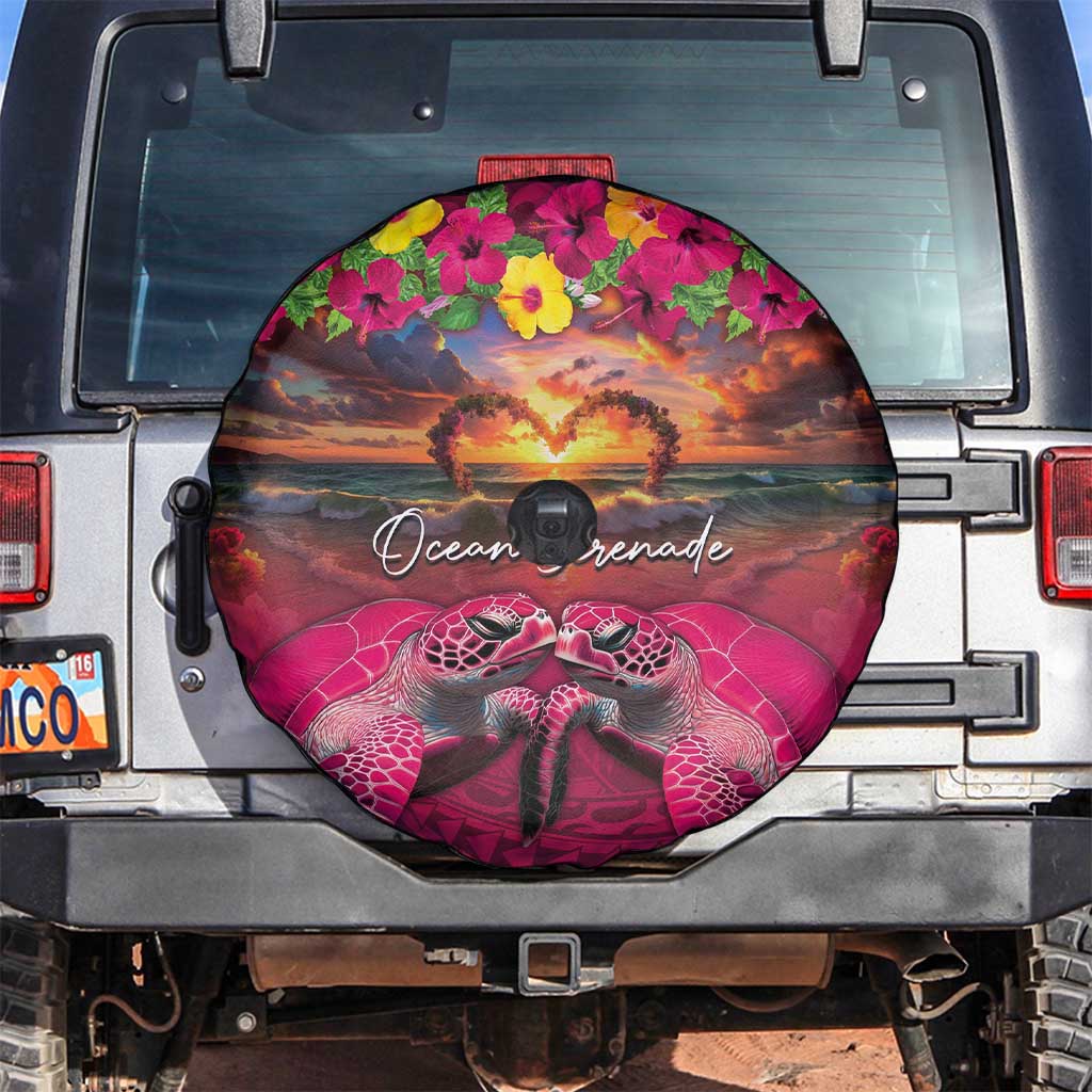 Hawaiian Turtle Love Couple Spare Tire Cover Ocean Serenade - Honu Honi Ihu with Hibiscus and Romantic Sunset Pink Color LT03 Pink - Polynesian Pride