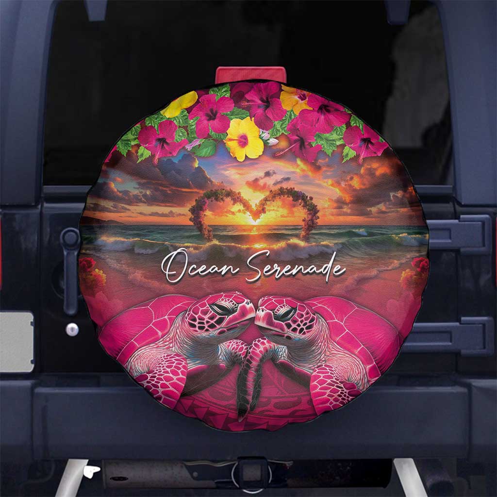 Hawaiian Turtle Love Couple Spare Tire Cover Ocean Serenade - Honu Honi Ihu with Hibiscus and Romantic Sunset Pink Color LT03 - Polynesian Pride