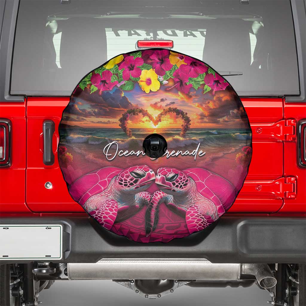 Hawaiian Turtle Love Couple Spare Tire Cover Ocean Serenade - Honu Honi Ihu with Hibiscus and Romantic Sunset Pink Color LT03 - Polynesian Pride
