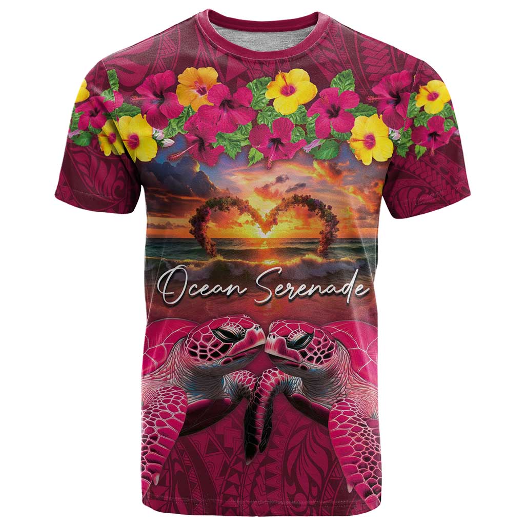 Hawaiian Turtle Love Couple T Shirt Ocean Serenade - Honu Honi Ihu with Hibiscus and Romantic Sunset Pink Color LT03 Pink - Polynesian Pride
