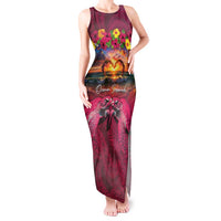 Hawaiian Turtle Love Couple Tank Maxi Dress Ocean Serenade - Honu Honi Ihu with Hibiscus and Romantic Sunset Pink Color LT03 Women Pink - Polynesian Pride