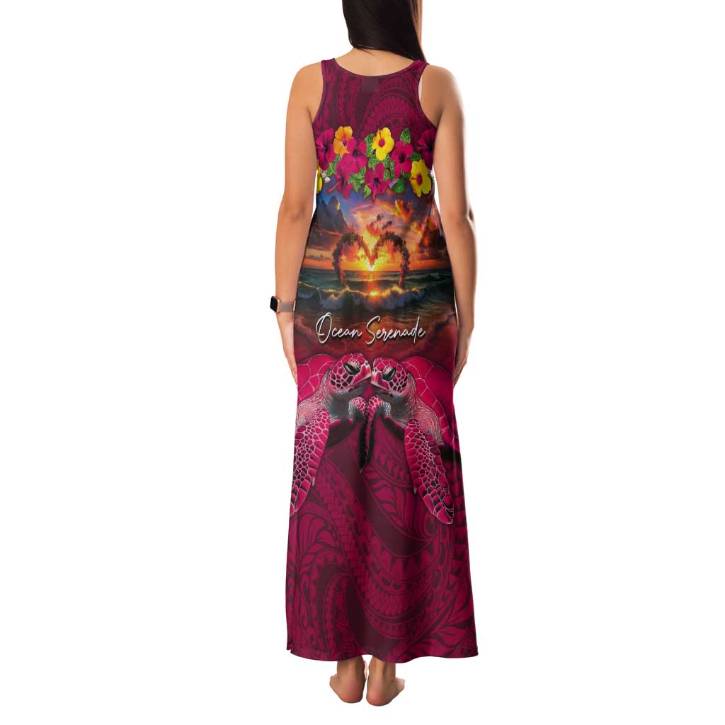 Hawaiian Turtle Love Couple Tank Maxi Dress Ocean Serenade - Honu Honi Ihu with Hibiscus and Romantic Sunset Pink Color LT03 - Polynesian Pride