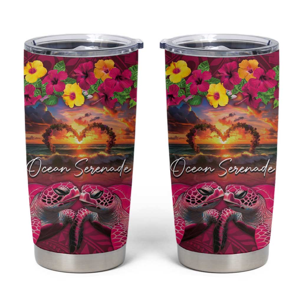 Hawaiian Turtle Love Couple Tumbler Cup Ocean Serenade - Honu Honi Ihu with Hibiscus and Romantic Sunset Pink Color LT03 Pink - Polynesian Pride