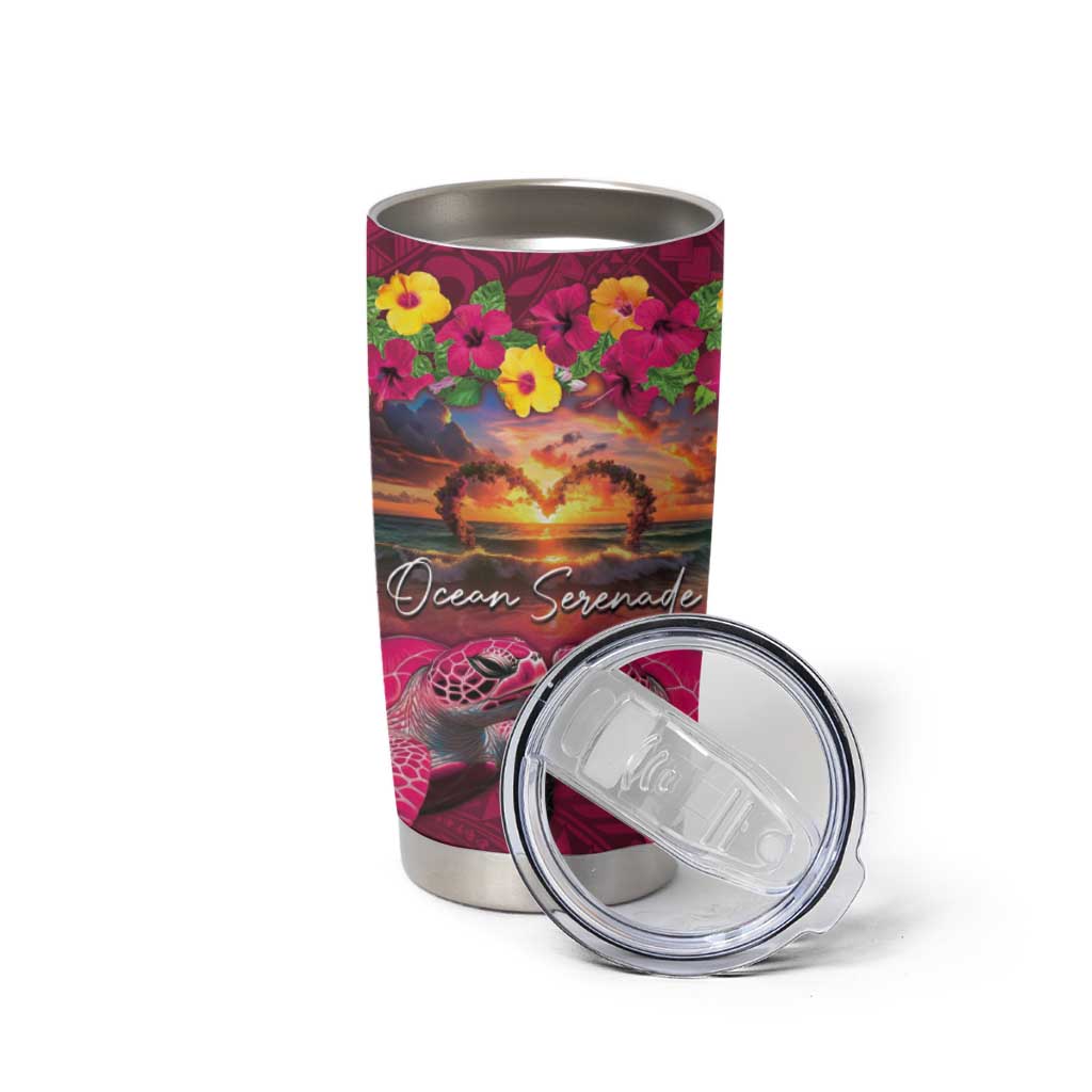 Hawaiian Turtle Love Couple Tumbler Cup Ocean Serenade - Honu Honi Ihu with Hibiscus and Romantic Sunset Pink Color LT03 - Polynesian Pride