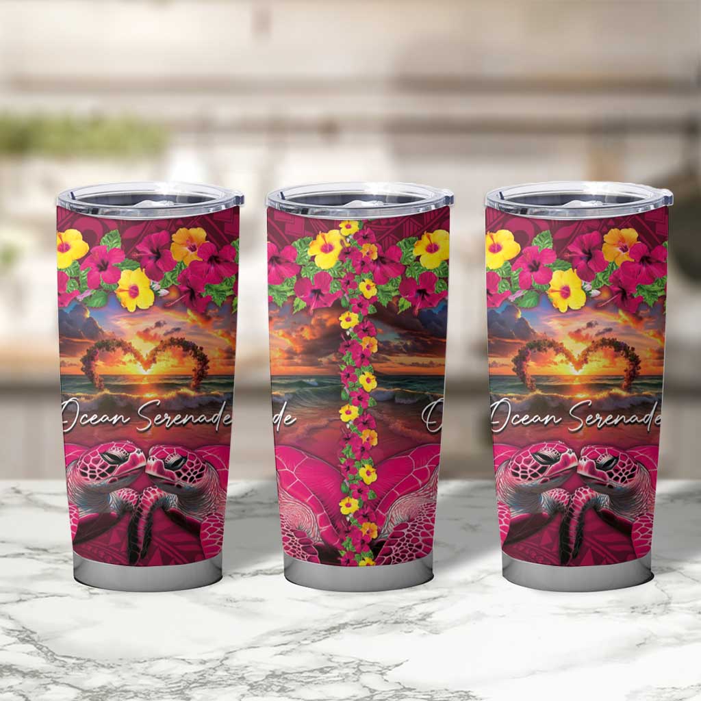 Hawaiian Turtle Love Couple Tumbler Cup Ocean Serenade - Honu Honi Ihu with Hibiscus and Romantic Sunset Pink Color LT03 - Polynesian Pride