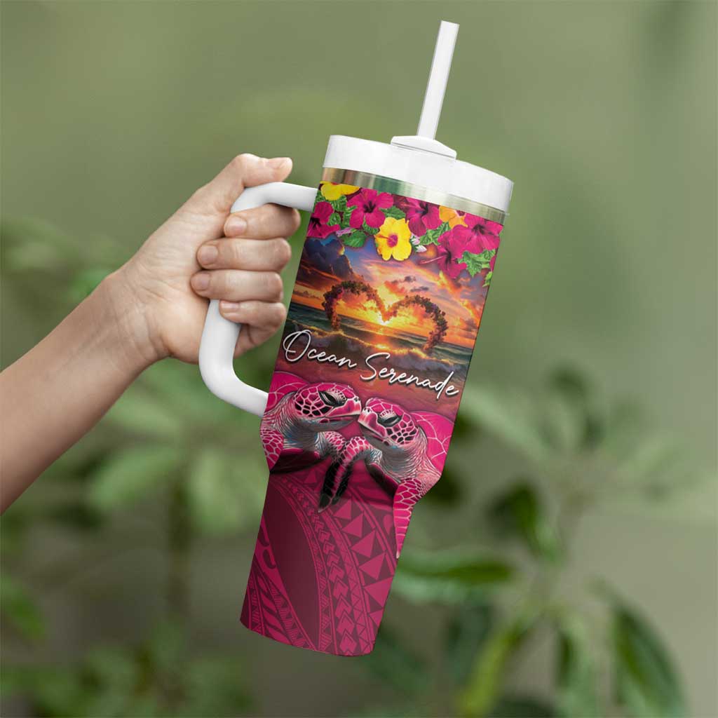 Hawaiian Turtle Love Couple Tumbler With Handle Ocean Serenade - Honu Honi Ihu with Hibiscus and Romantic Sunset Pink Color LT03 - Polynesian Pride