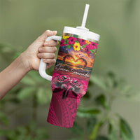 Hawaiian Turtle Love Couple Tumbler With Handle Ocean Serenade - Honu Honi Ihu with Hibiscus and Romantic Sunset Pink Color LT03 - Polynesian Pride