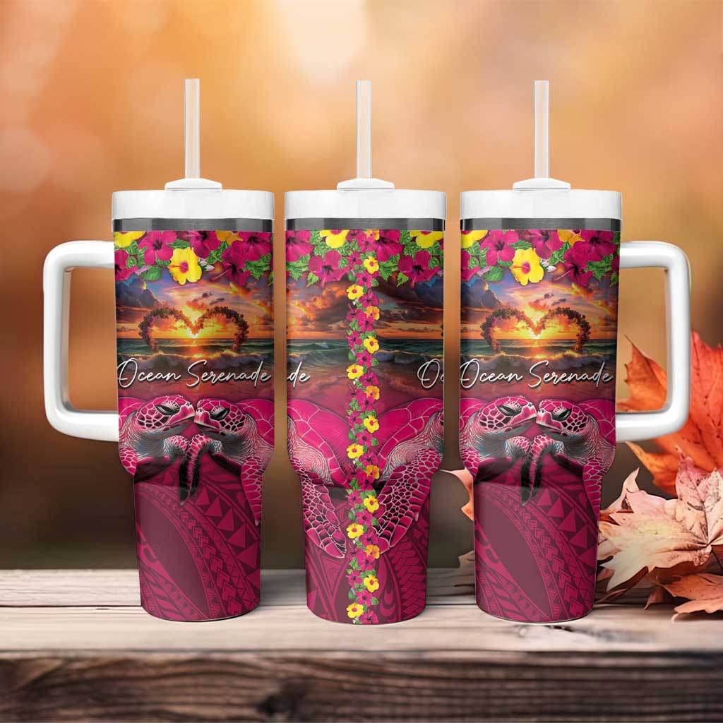 Hawaiian Turtle Love Couple Tumbler With Handle Ocean Serenade - Honu Honi Ihu with Hibiscus and Romantic Sunset Pink Color LT03 - Polynesian Pride