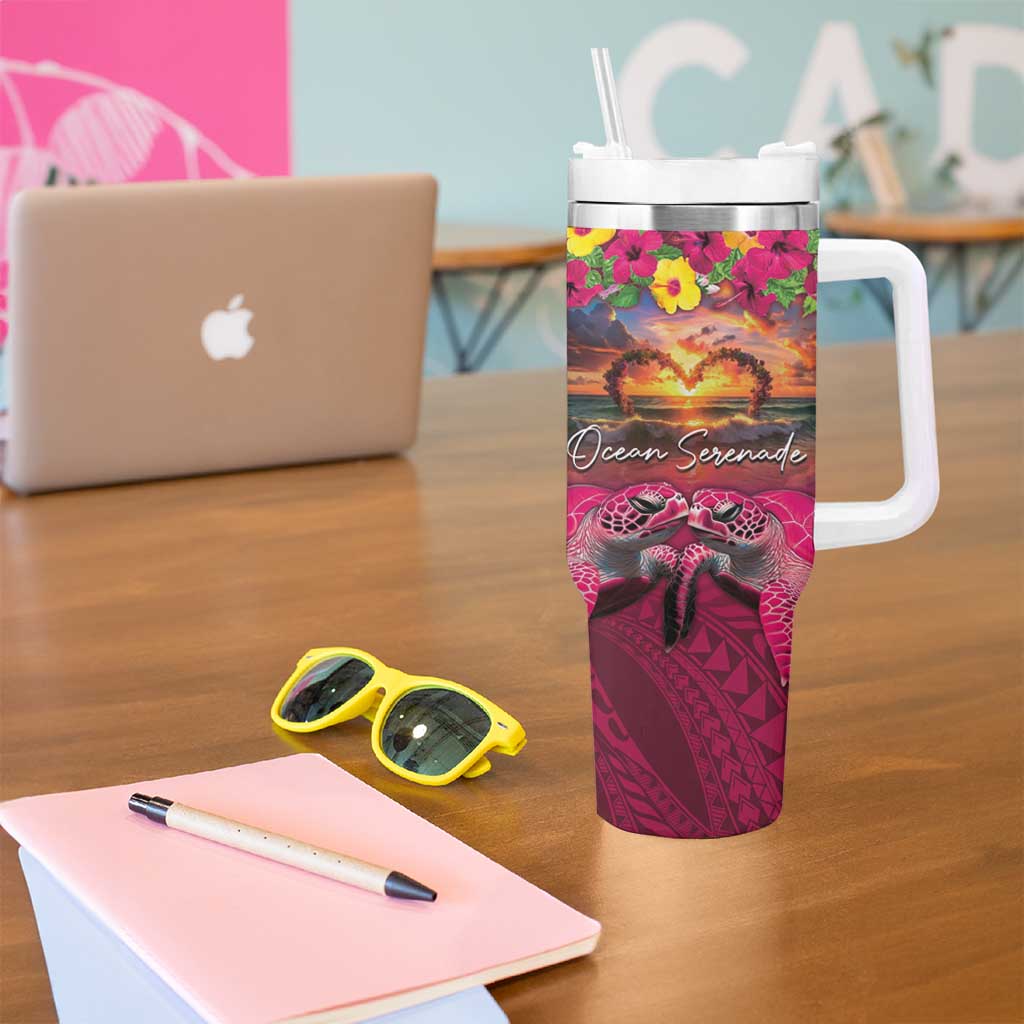 Hawaiian Turtle Love Couple Tumbler With Handle Ocean Serenade - Honu Honi Ihu with Hibiscus and Romantic Sunset Pink Color LT03 - Polynesian Pride