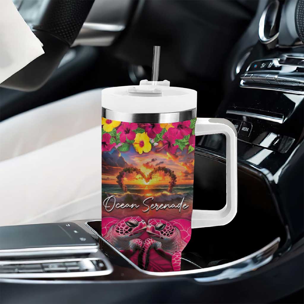 Hawaiian Turtle Love Couple Tumbler With Handle Ocean Serenade - Honu Honi Ihu with Hibiscus and Romantic Sunset Pink Color LT03 - Polynesian Pride
