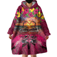 Hawaiian Turtle Love Couple Wearable Blanket Hoodie Ocean Serenade - Honu Honi Ihu with Hibiscus and Romantic Sunset Pink Color LT03 - Polynesian Pride