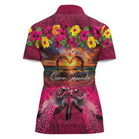 Hawaiian Turtle Love Couple Women Polo Shirt Ocean Serenade - Honu Honi Ihu with Hibiscus and Romantic Sunset Pink Color LT03 - Polynesian Pride