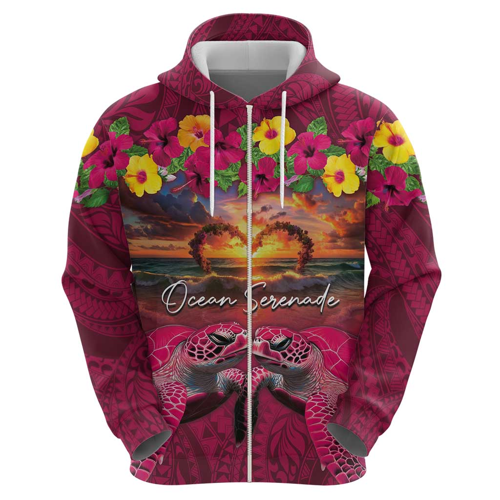 Hawaiian Turtle Love Couple Zip Hoodie Ocean Serenade - Honu Honi Ihu with Hibiscus and Romantic Sunset Pink Color LT03 - Polynesian Pride