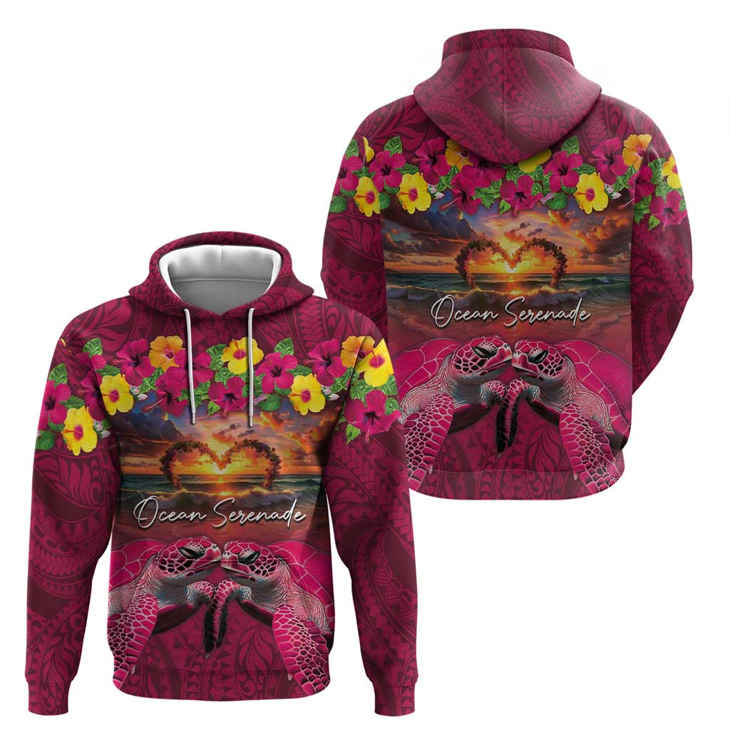 Hawaiian Turtle Love Couple Zip Hoodie Ocean Serenade - Honu Honi Ihu with Hibiscus and Romantic Sunset Pink Color LT03 - Polynesian Pride