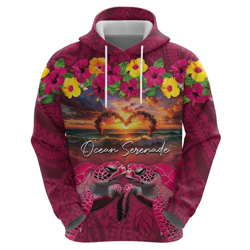 Hawaiian Turtle Love Couple Zip Hoodie Ocean Serenade - Honu Honi Ihu with Hibiscus and Romantic Sunset Pink Color LT03 - Polynesian Pride