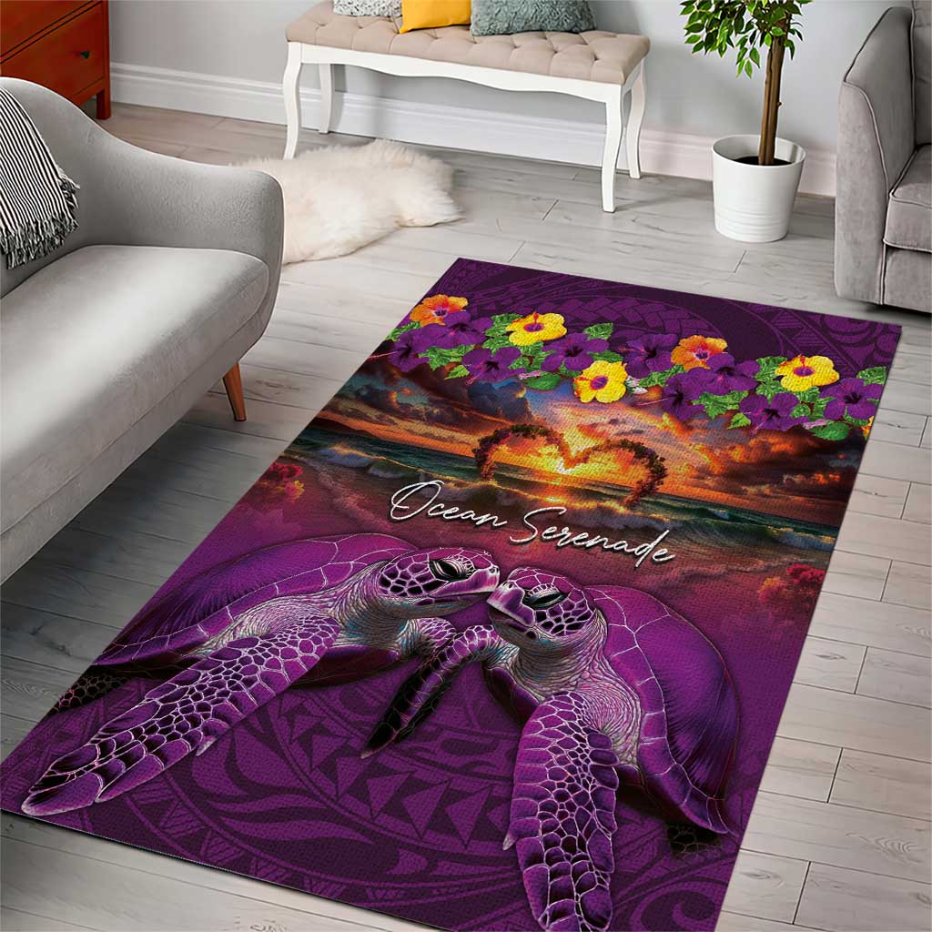 Hawaiian Turtle Love Couple Area Rug Ocean Serenade - Honu Honi Ihu with Hibiscus and Romantic Sunset Purple Color LT03 - Polynesian Pride