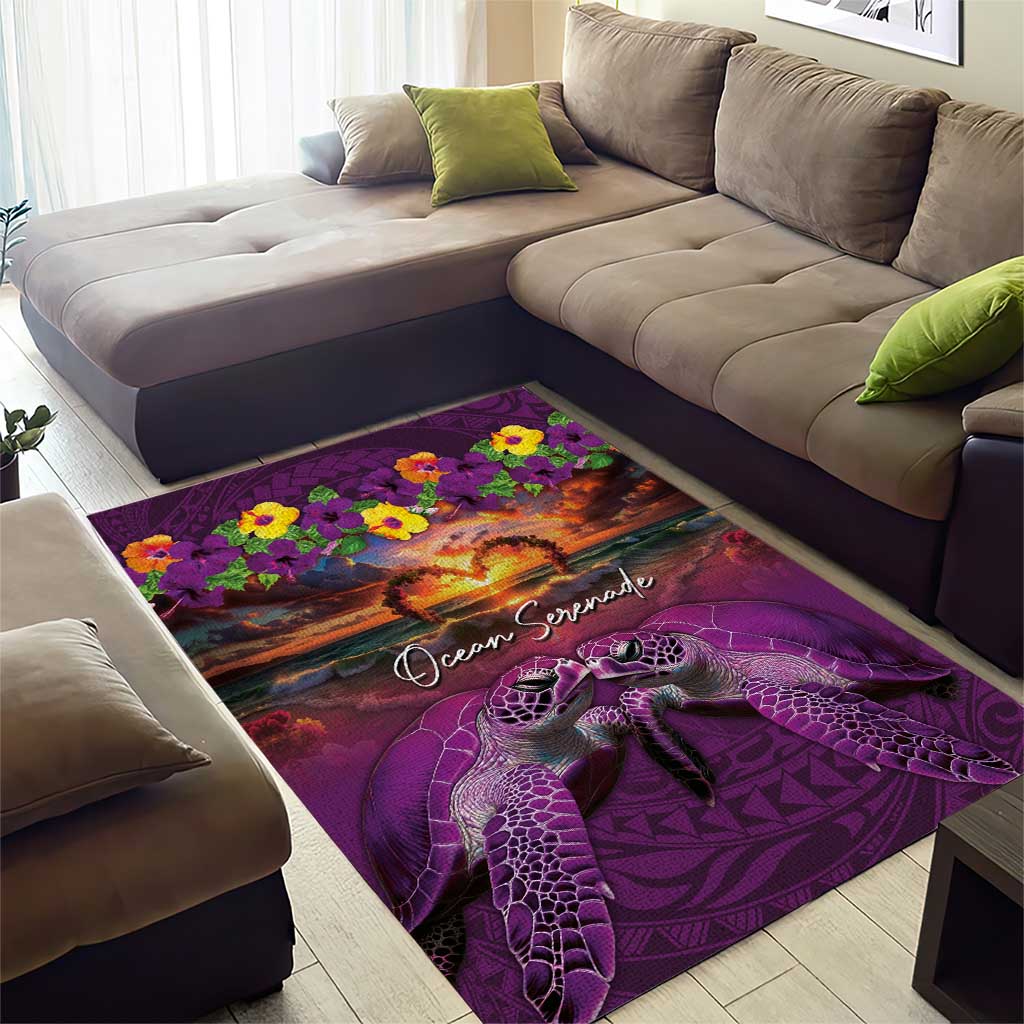 Hawaiian Turtle Love Couple Area Rug Ocean Serenade - Honu Honi Ihu with Hibiscus and Romantic Sunset Purple Color LT03 - Polynesian Pride
