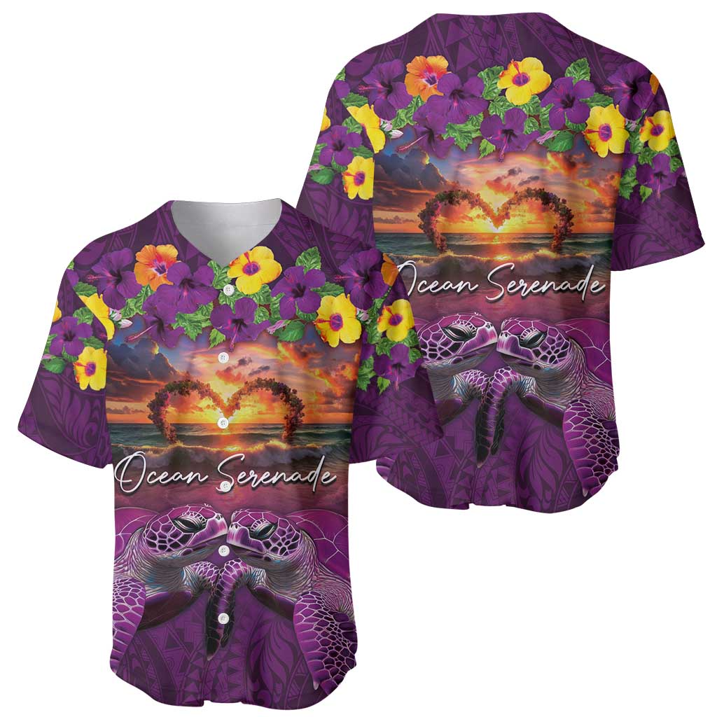 Hawaiian Turtle Love Couple Baseball Jersey Ocean Serenade - Honu Honi Ihu with Hibiscus and Romantic Sunset Purple Color LT03 - Polynesian Pride