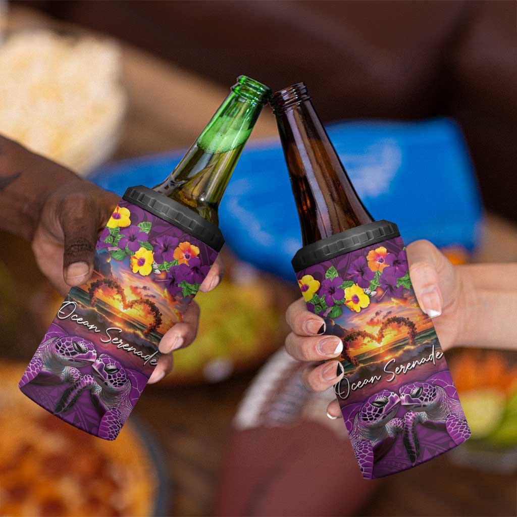 Hawaiian Turtle Love Couple 4 in 1 Can Cooler Tumbler Ocean Serenade - Honu Honi Ihu with Hibiscus and Romantic Sunset Purple Color LT03 - Polynesian Pride