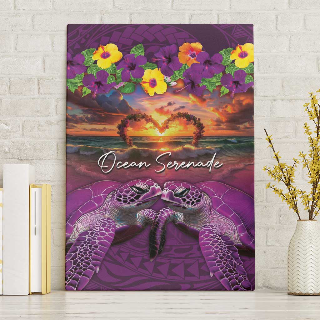 Hawaiian Turtle Love Couple Canvas Wall Art Ocean Serenade - Honu Honi Ihu with Hibiscus and Romantic Sunset Purple Color LT03 Without Frame Purple - Polynesian Pride