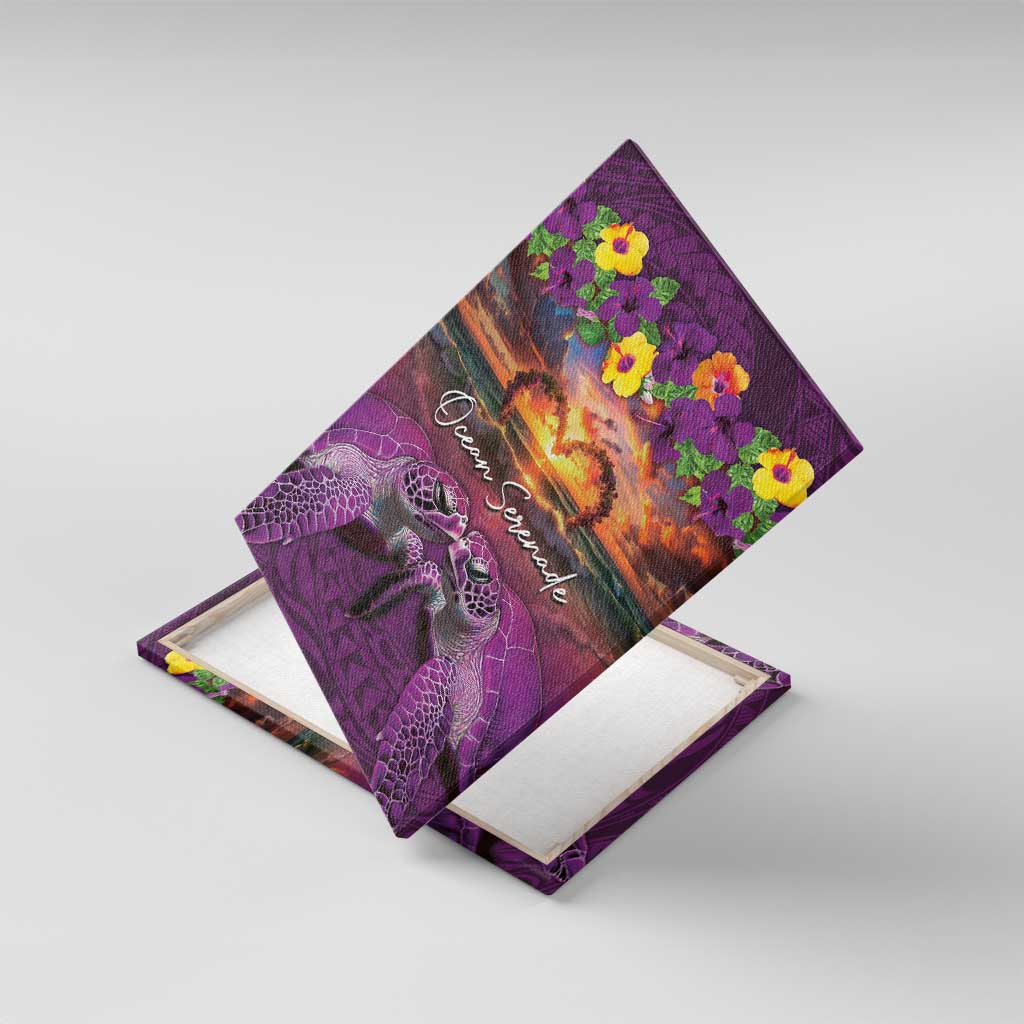 Hawaiian Turtle Love Couple Canvas Wall Art Ocean Serenade - Honu Honi Ihu with Hibiscus and Romantic Sunset Purple Color LT03 With Frame Purple - Polynesian Pride