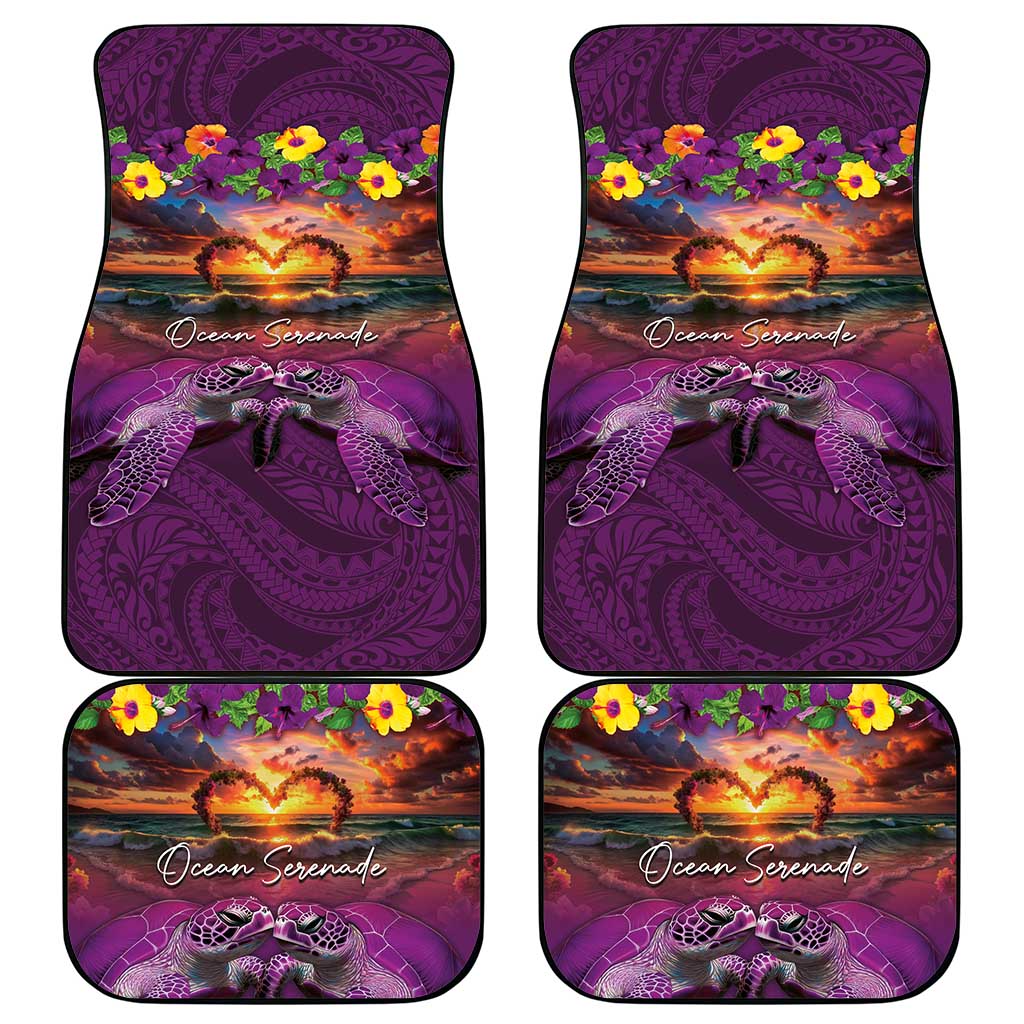 Hawaiian Turtle Love Couple Car Mats Ocean Serenade - Honu Honi Ihu with Hibiscus and Romantic Sunset Purple Color LT03 - Polynesian Pride