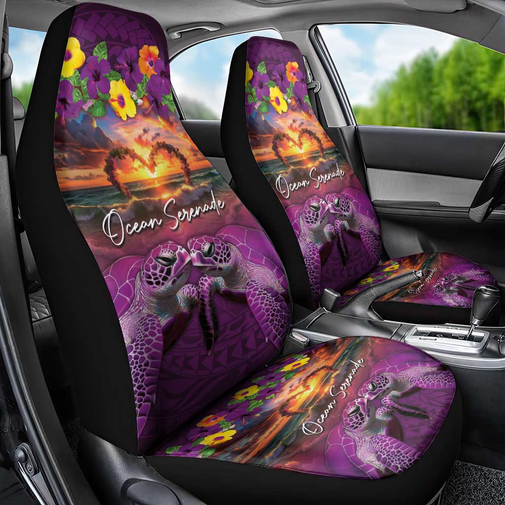 Hawaiian Turtle Love Couple Car Seat Cover Ocean Serenade - Honu Honi Ihu with Hibiscus and Romantic Sunset Purple Color LT03 - Polynesian Pride