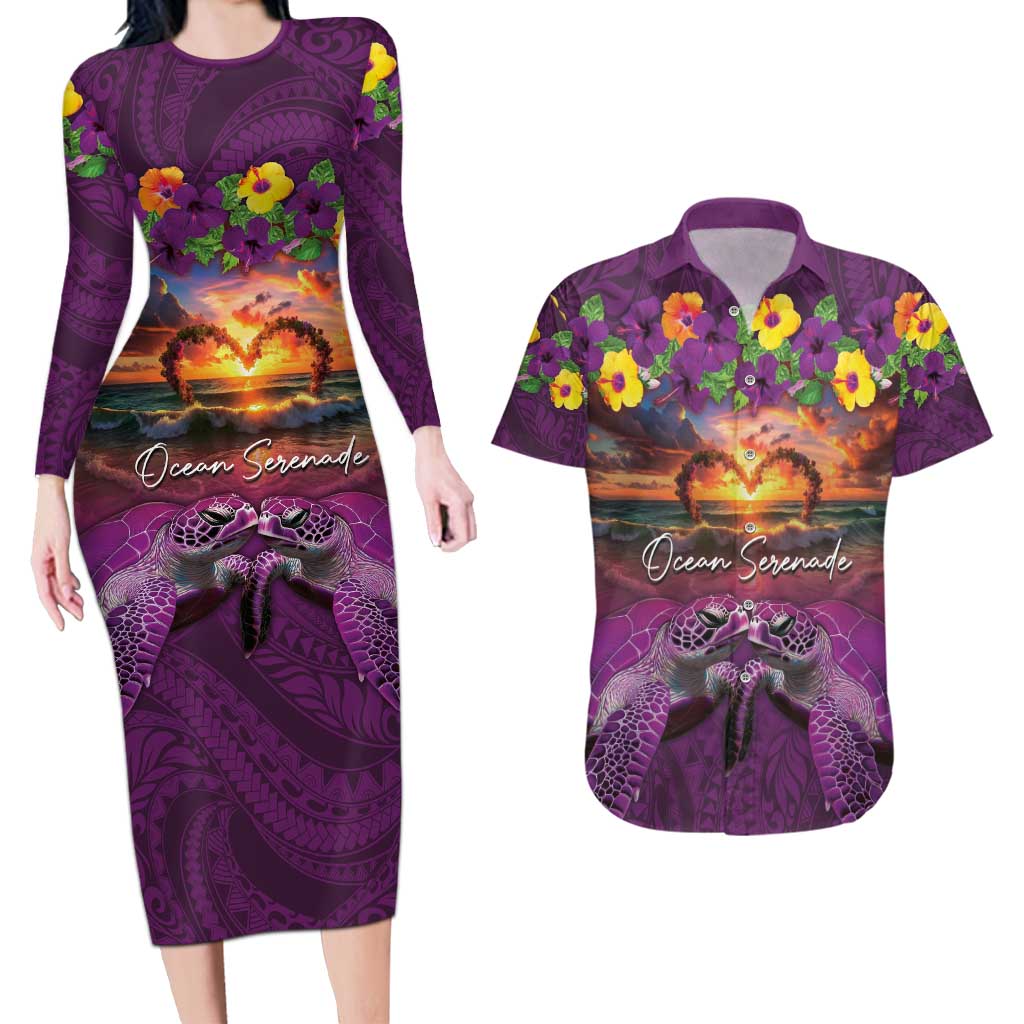 Hawaiian Turtle Love Couple Couples Matching Long Sleeve Bodycon Dress and Hawaiian Shirt Ocean Serenade - Honu Honi Ihu with Hibiscus and Romantic Sunset Purple Color LT03 Purple - Polynesian Pride