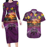 Hawaiian Turtle Love Couple Couples Matching Long Sleeve Bodycon Dress and Hawaiian Shirt Ocean Serenade - Honu Honi Ihu with Hibiscus and Romantic Sunset Purple Color LT03 Purple - Polynesian Pride