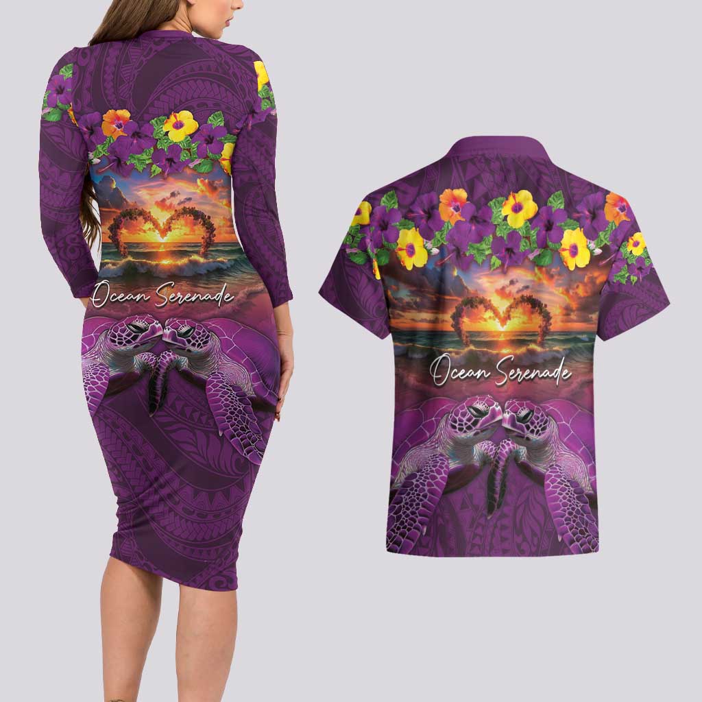 Hawaiian Turtle Love Couple Couples Matching Long Sleeve Bodycon Dress and Hawaiian Shirt Ocean Serenade - Honu Honi Ihu with Hibiscus and Romantic Sunset Purple Color LT03 - Polynesian Pride