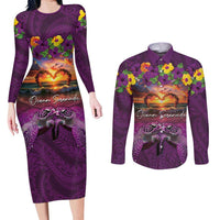Hawaiian Turtle Love Couple Couples Matching Long Sleeve Bodycon Dress and Long Sleeve Button Shirt Ocean Serenade - Honu Honi Ihu with Hibiscus and Romantic Sunset Purple Color LT03 Purple - Polynesian Pride