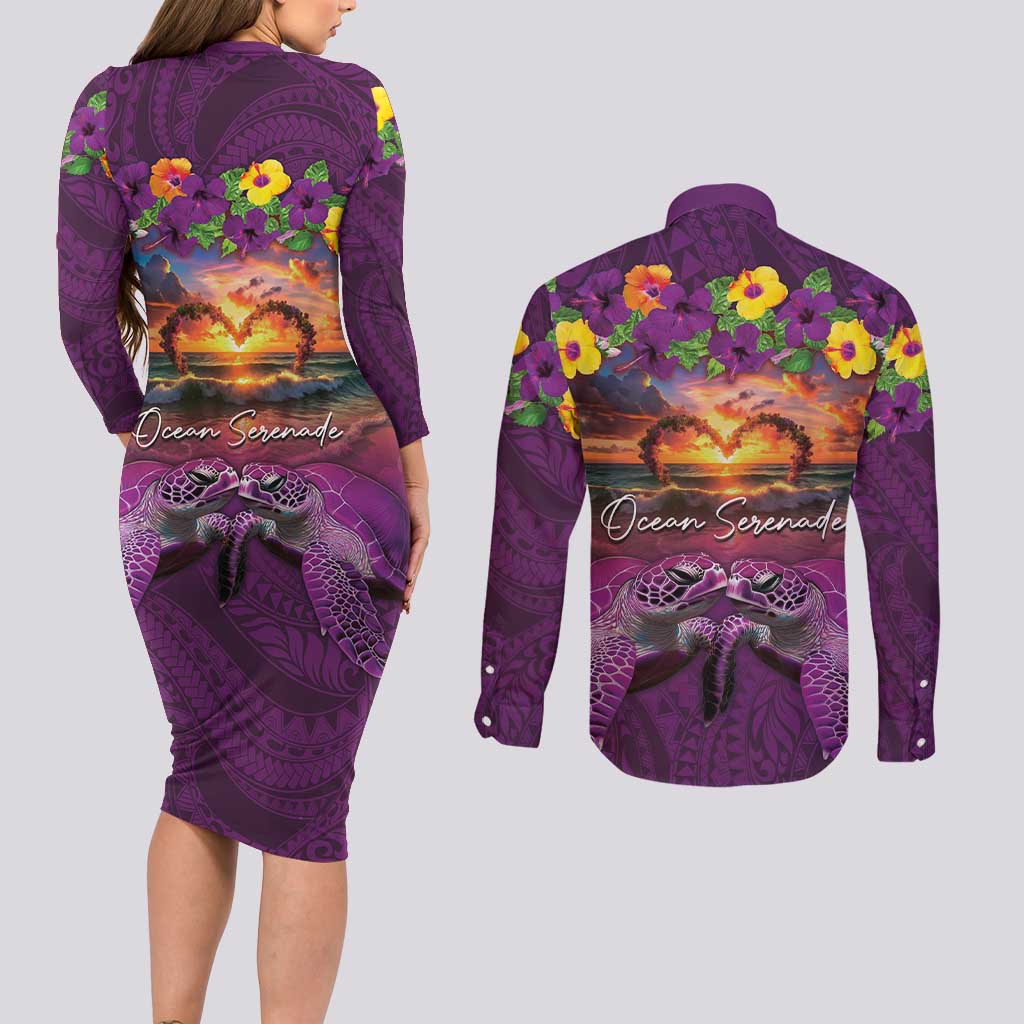 Hawaiian Turtle Love Couple Couples Matching Long Sleeve Bodycon Dress and Long Sleeve Button Shirt Ocean Serenade - Honu Honi Ihu with Hibiscus and Romantic Sunset Purple Color LT03 - Polynesian Pride