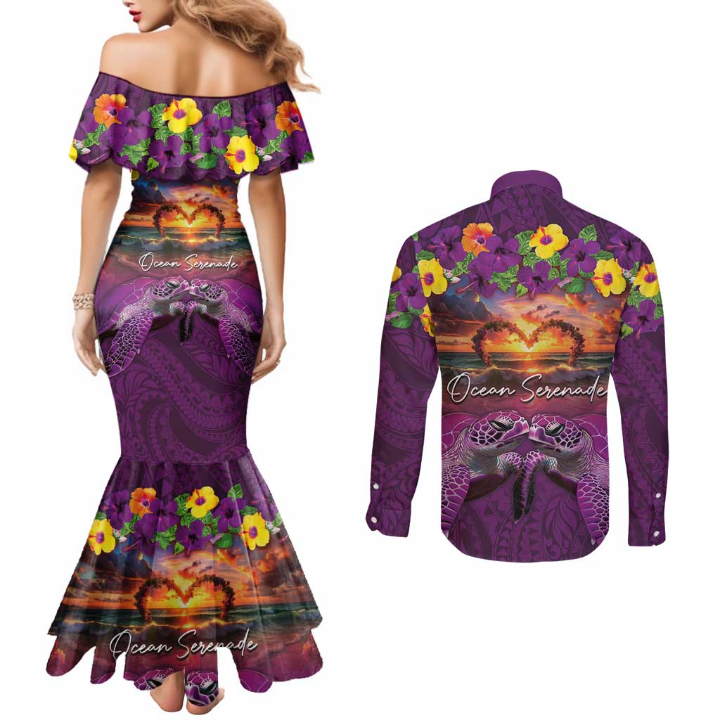 Hawaiian Turtle Love Couple Couples Matching Mermaid Dress and Long Sleeve Button Shirt Ocean Serenade - Honu Honi Ihu with Hibiscus and Romantic Sunset Purple Color LT03 - Polynesian Pride